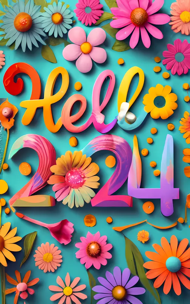 Hello 2024 with Colorful Flowers
