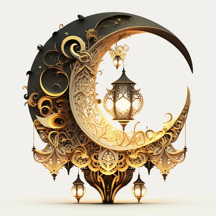 Ornate Crescent Moon with Lanterns