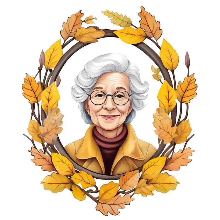 Elderly Woman Portrait with Autumn Leaves