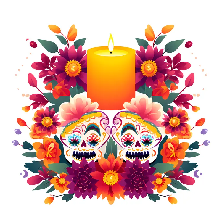 Colorful Candle and Skulls for Day of the Dead Celebration