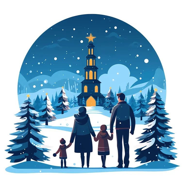 Family Visiting Church in Winter Evening