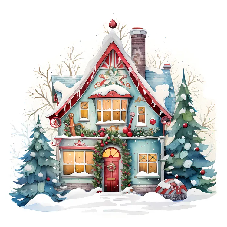 Small cute doodle house with Christmas decorations