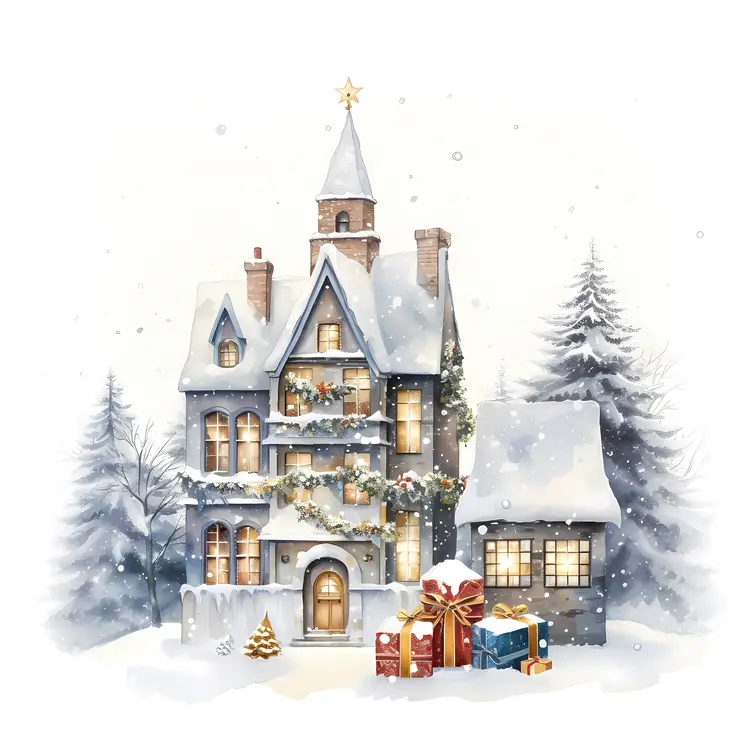 Snowy Christmas House with Gifts