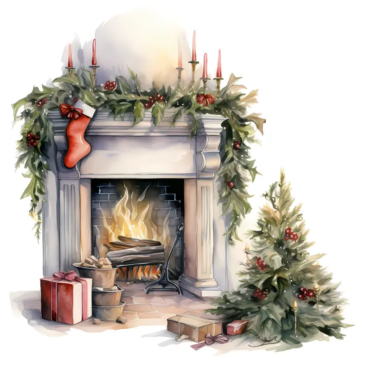 Christmas Fireplace with Tree and Gifts