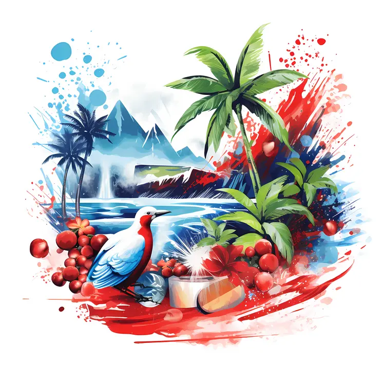 Tropical Scene with Palm Trees and Bird
