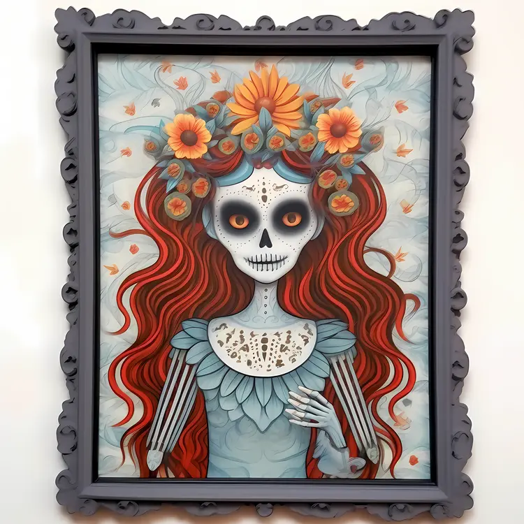 Skeleton Woman with Flowers in Frame for Day of the Dead Celebration