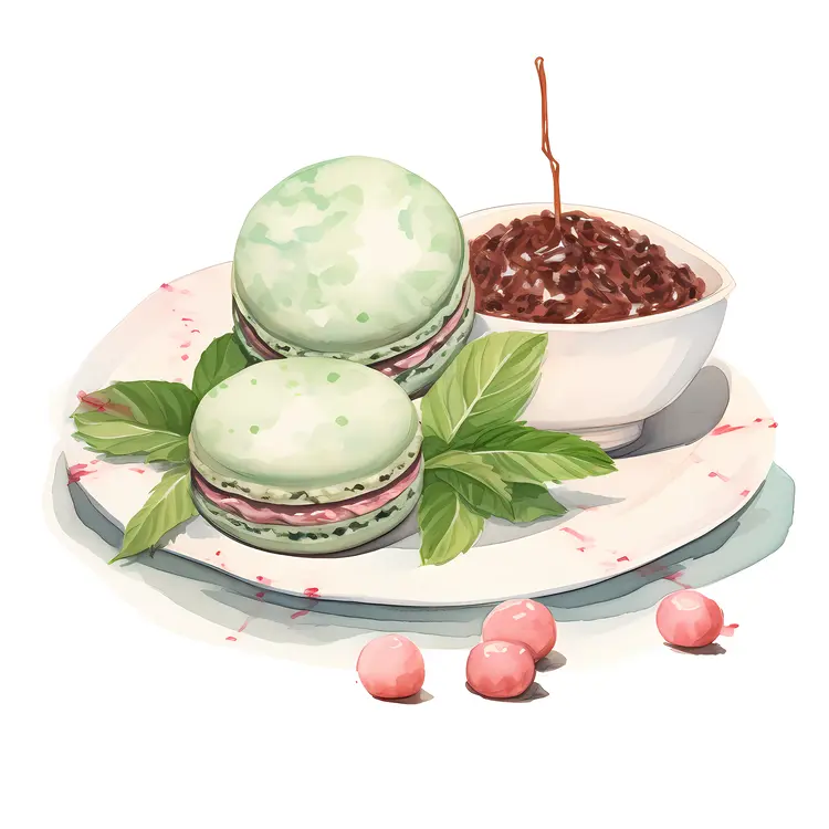 Green Macarons with Chocolate and Leaves