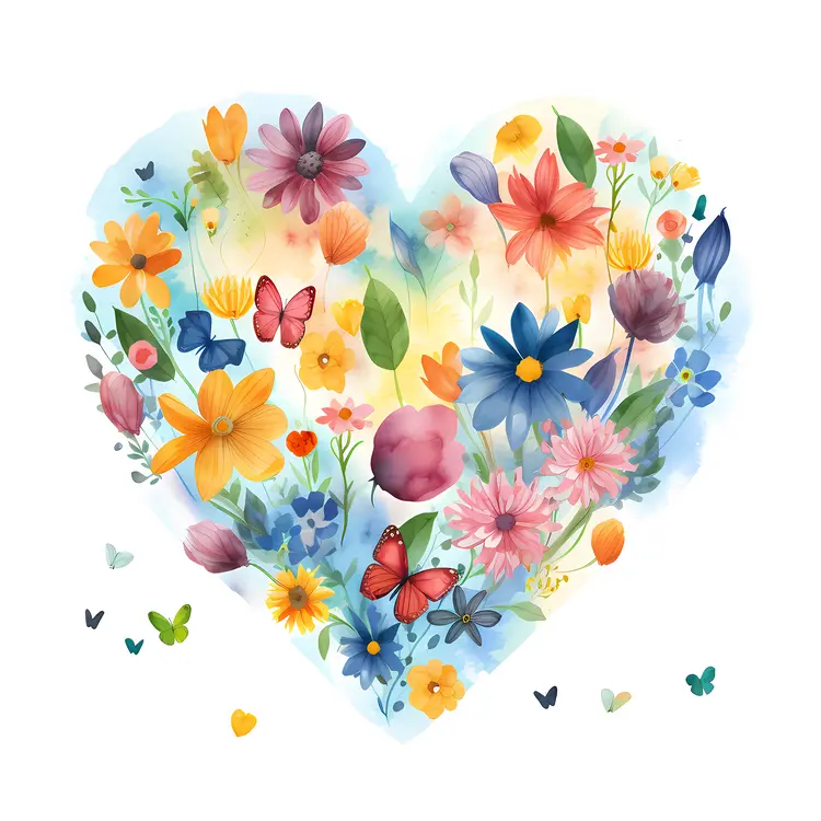 Heart-shaped Arrangement of Flowers and Butterflies
