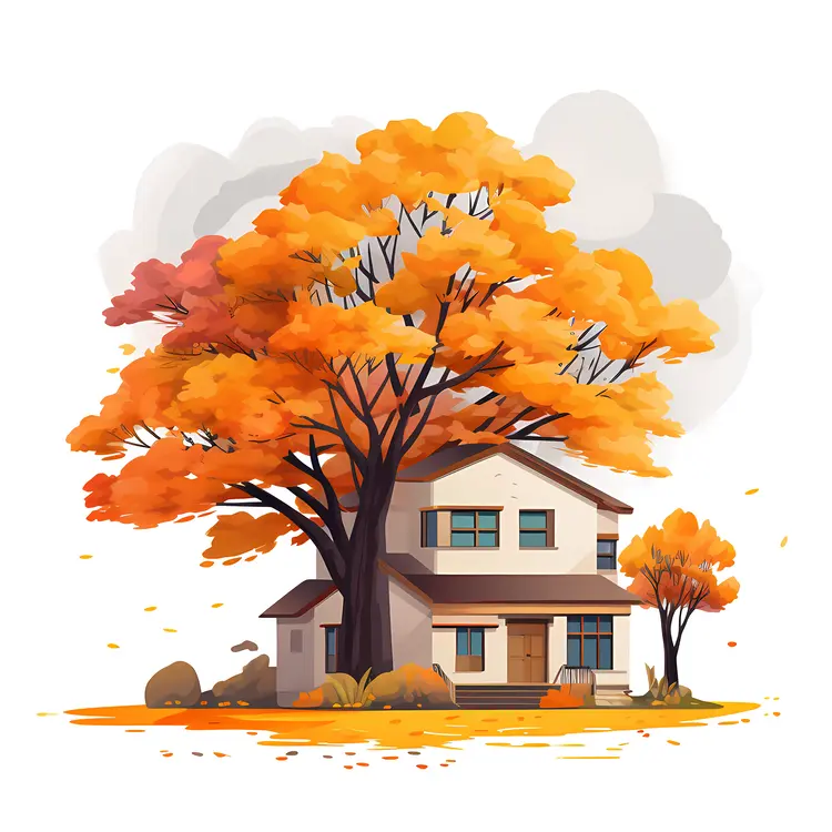 Small cute doodle house with autumn trees
