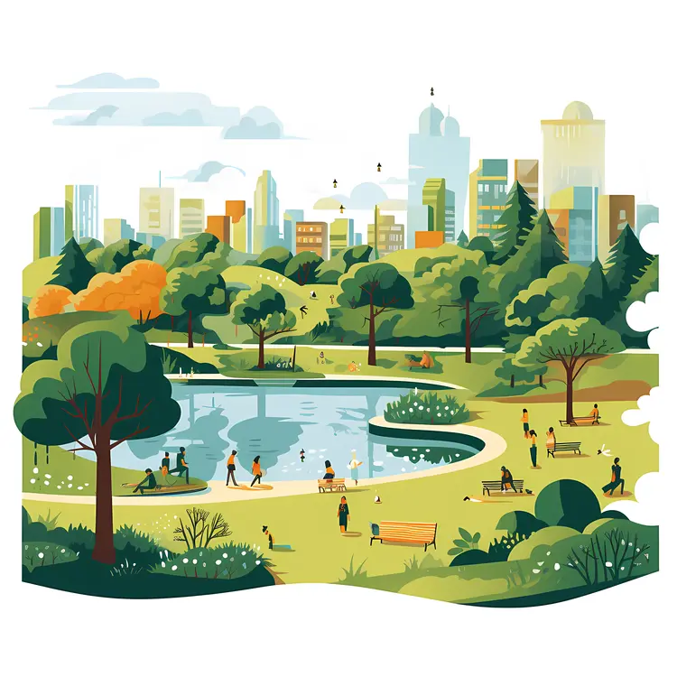 City Park with Lake and Buildings