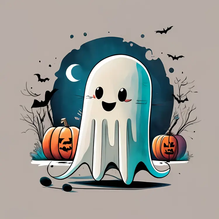 Happy Ghost with Pumpkins and Bats