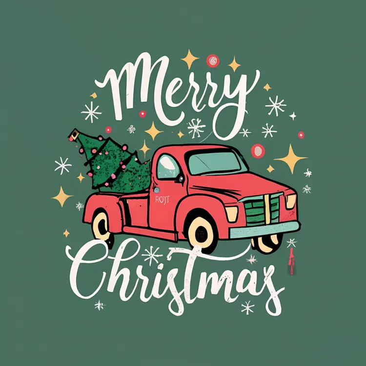 Red Truck with Christmas Tree and Merry Christmas Text