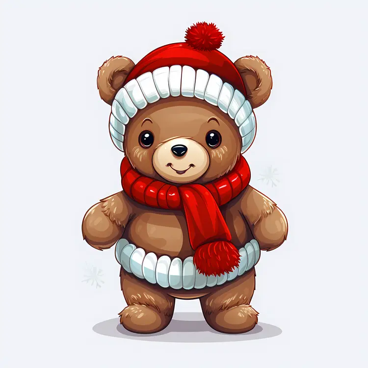 Cartoon Bear with Red Scarf and Hat