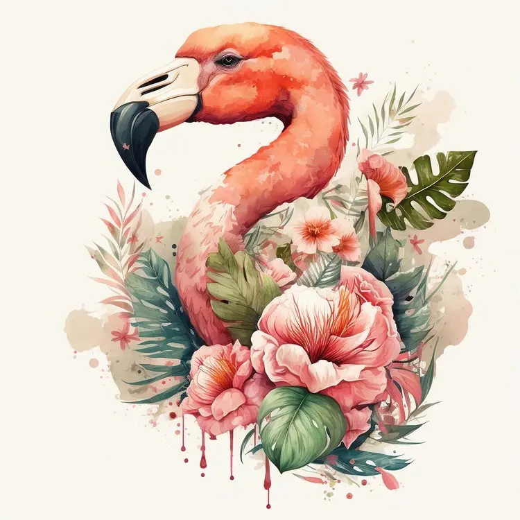 Beautiful Flamingo with Tropical Flowers