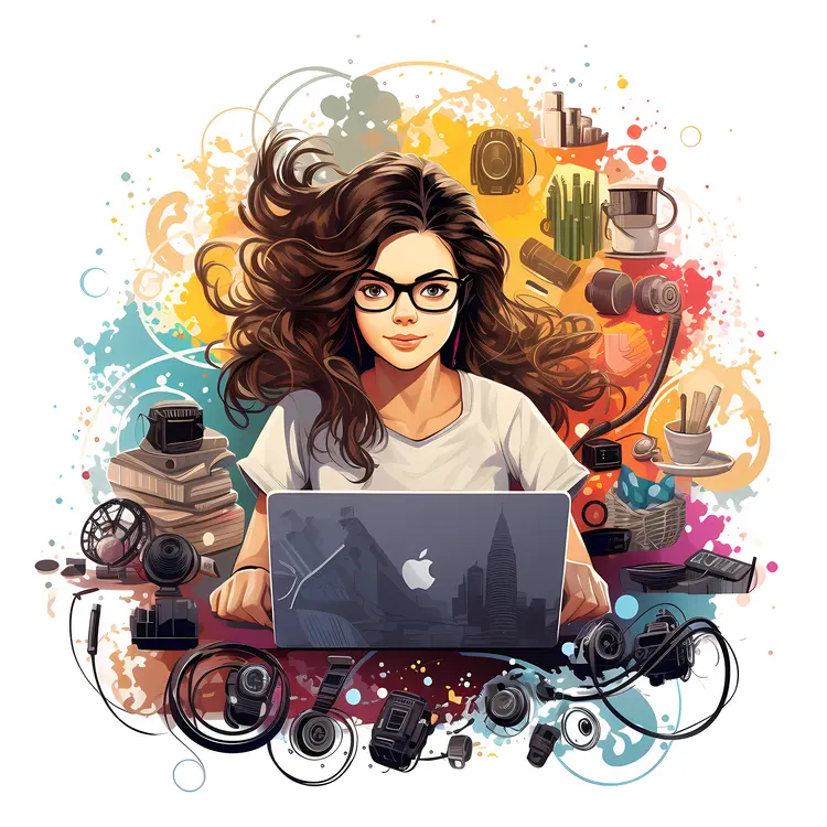 Woman Working on Laptop with Colorful Background