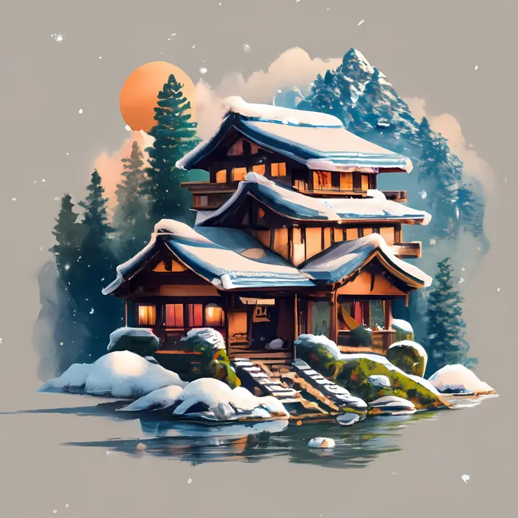 Snowy Cabin by the Mountain