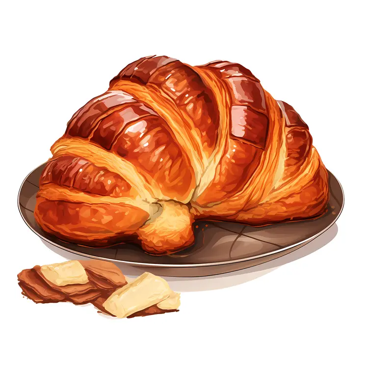 Golden Croissant on Plate with Butter Slices