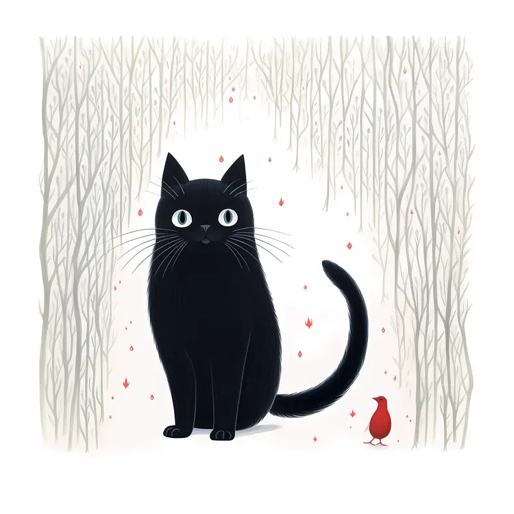Black cat with a red bird
