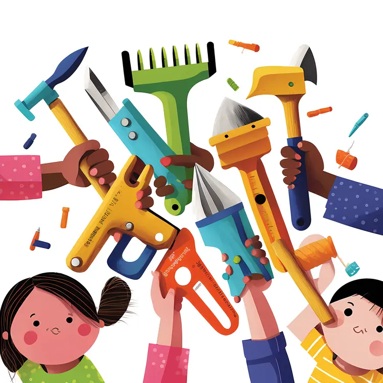 Cartoon Children Holding Tools