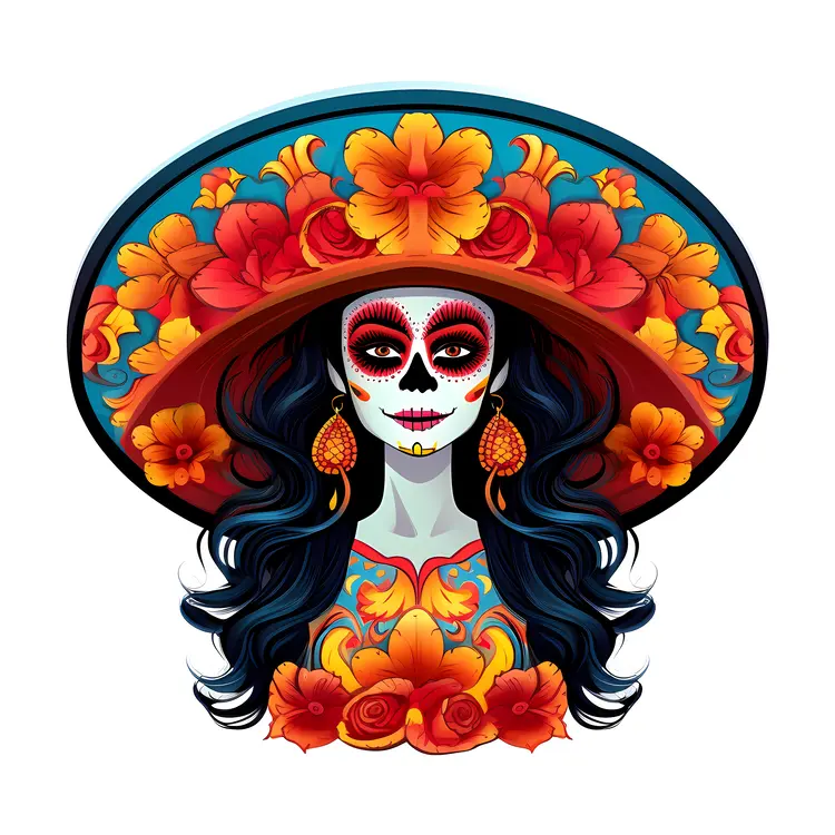 Colorful Sugar Skull with Floral Hat for Day of the Dead Celebration