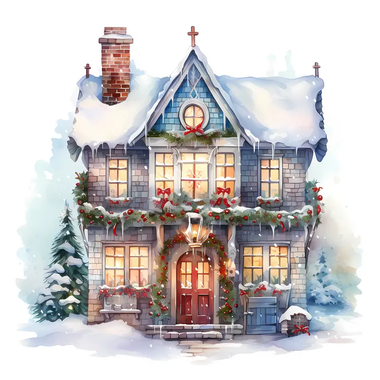 Snowy House with Christmas Decorations