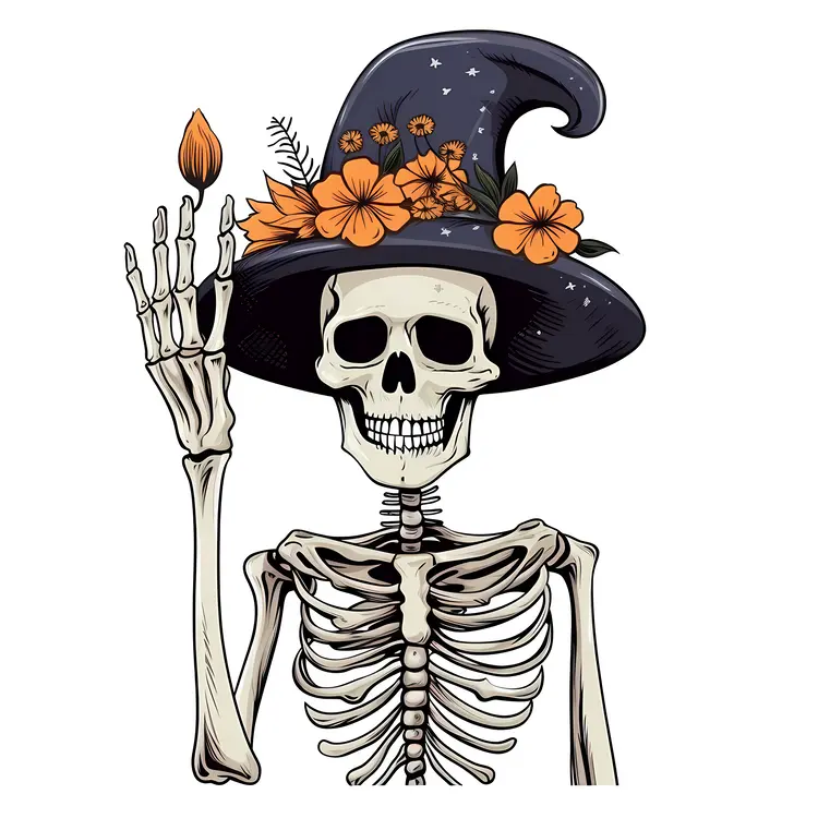 Skeleton with Witch Hat and Flowers Illustration
