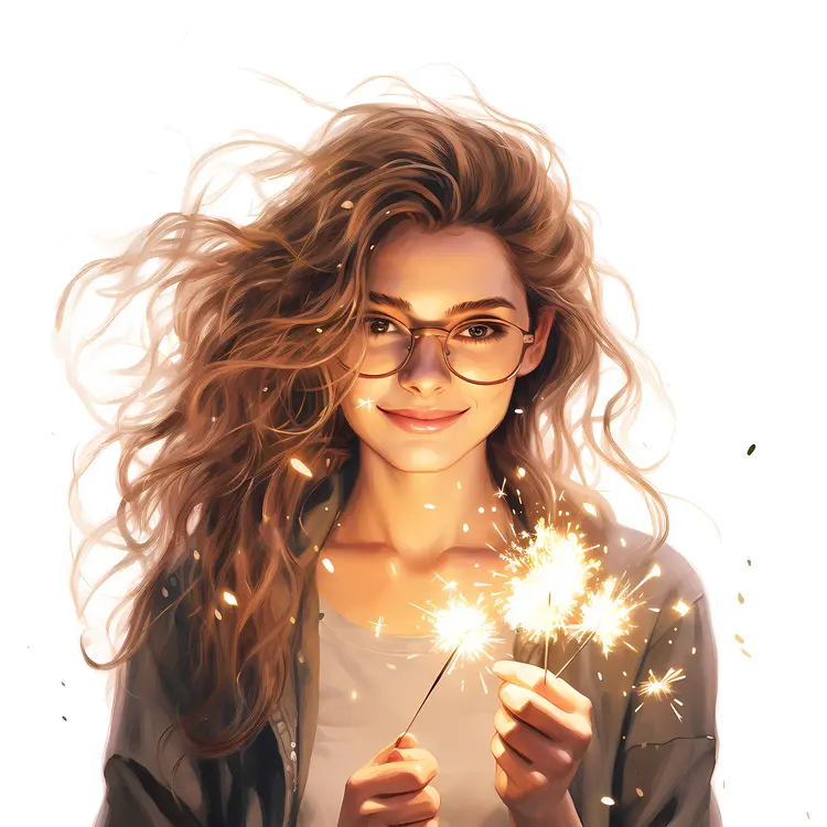 Illustration of Woman with Glasses Holding Sparkler