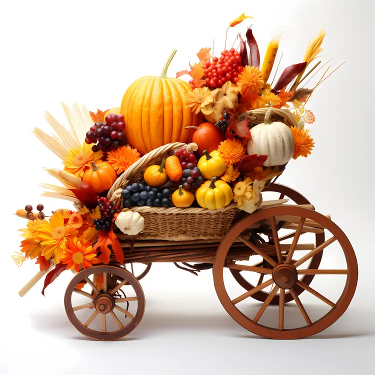 Autumn Harvest Cart with Pumpkins and Grapes