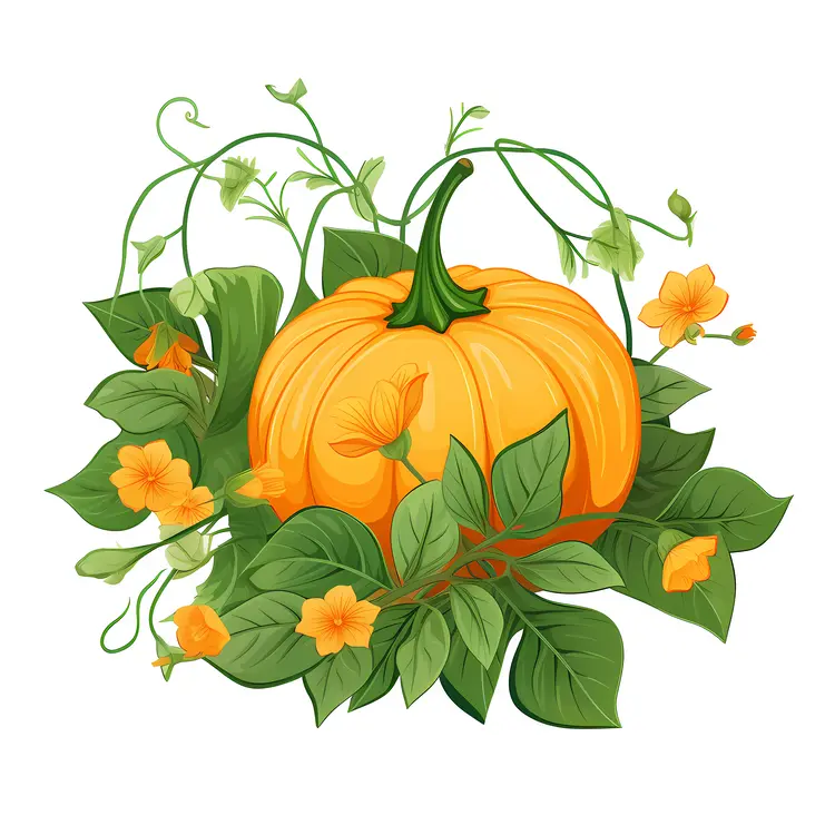 Pumpkin with Leaves and Flowers