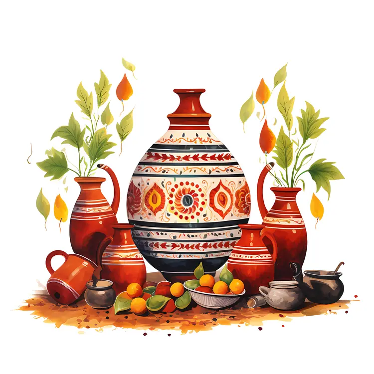 Decorative Pot with Plants and Fruits