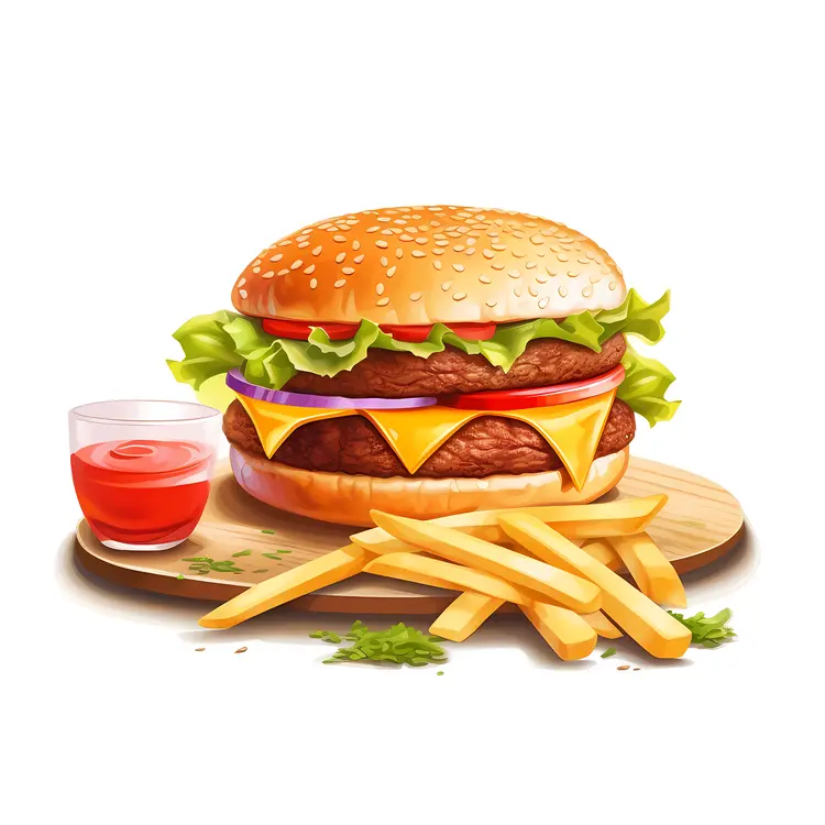 Delicious Burger with French Fries and Ketchup