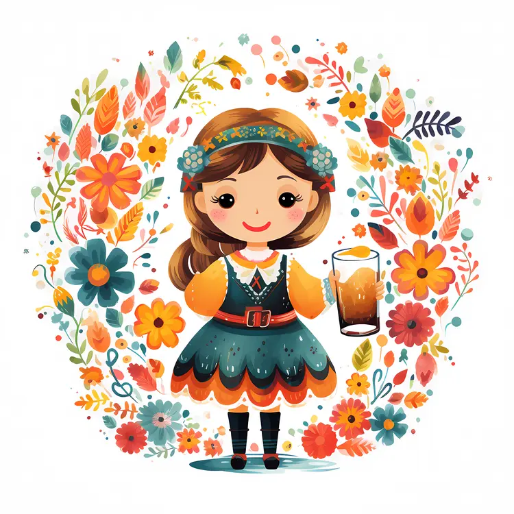 Girl in Traditional Clothes with Flowers and Beer