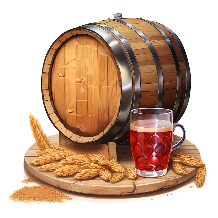 Wooden Barrel with Beer and Wheat
