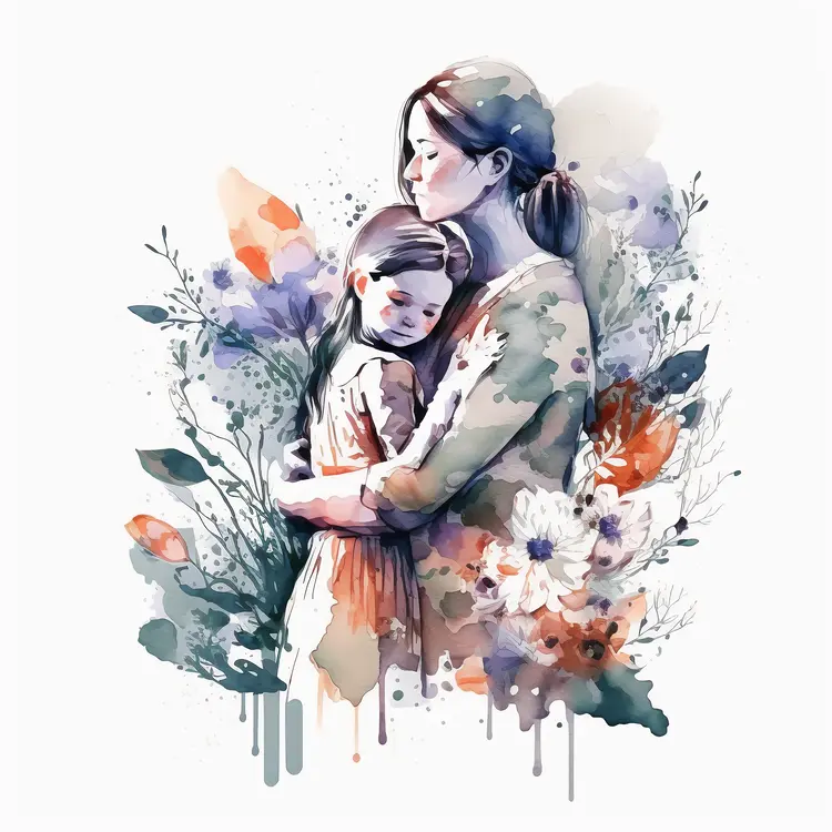 Watercolor Illustration of Mother and Child Hugging