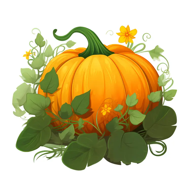 Pumpkin with Green Leaves and Vines