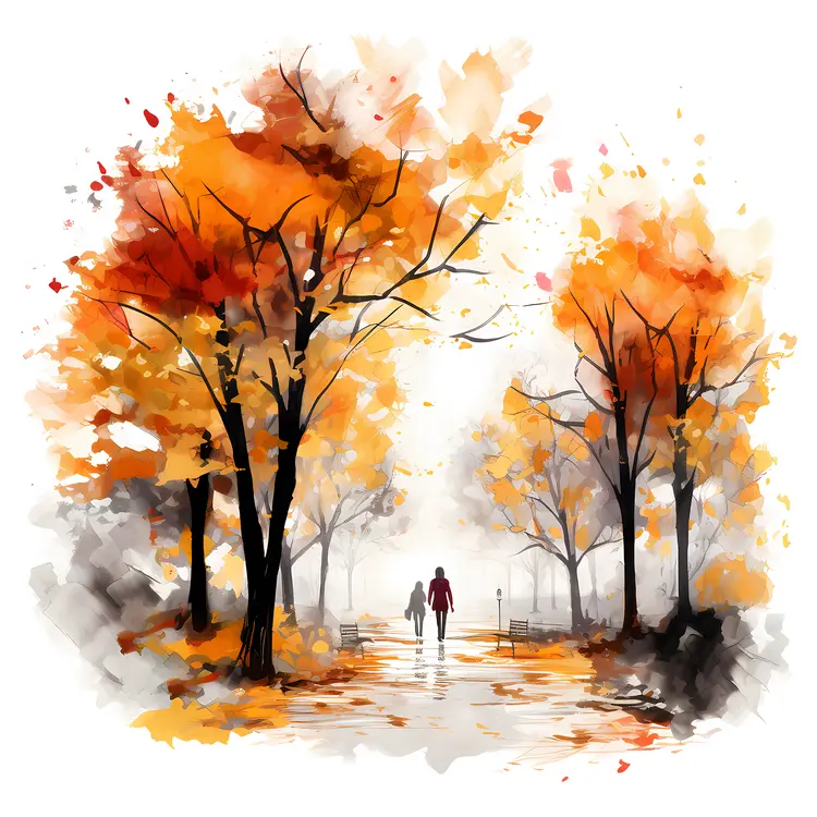 Couple Walking in Autumn Park