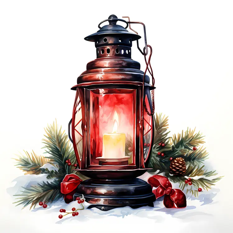 Red Lantern with Candle and Pinecones for Christmas