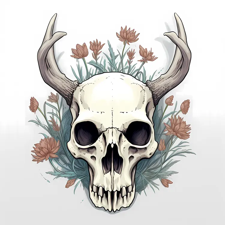 Floral Skull with Antlers Illustration