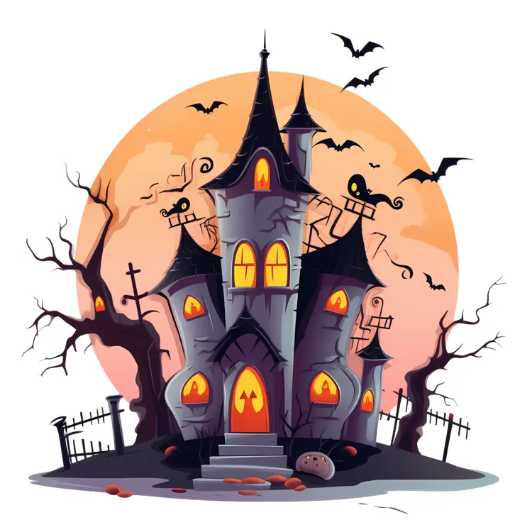Spooky Haunted House with Bats and Full Moon