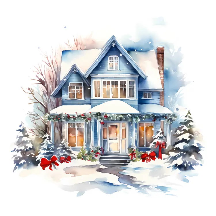 Festive Blue House in Winter
