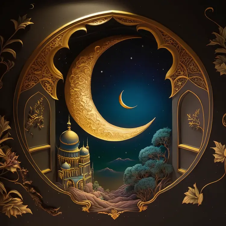 Beautiful Crescent Moon with Mosque at Night