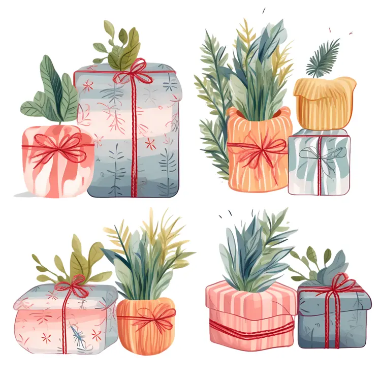 Beautiful Gift Boxes with Plants and Ribbons