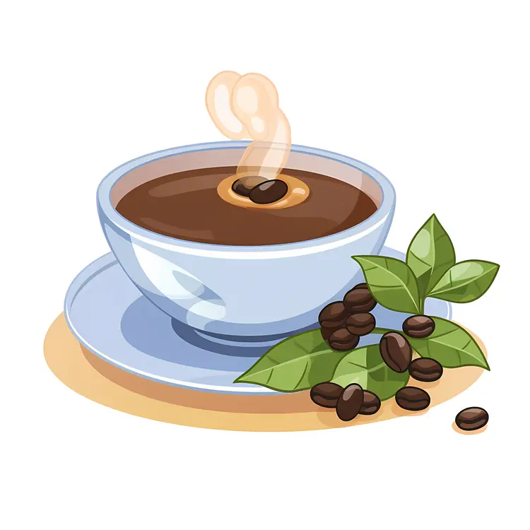 Steaming Coffee Cup with Beans and Leaves