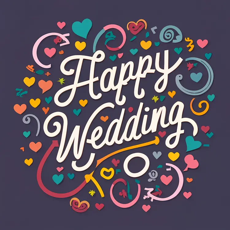 Happy Wedding Text with Colorful Hearts and Swirls