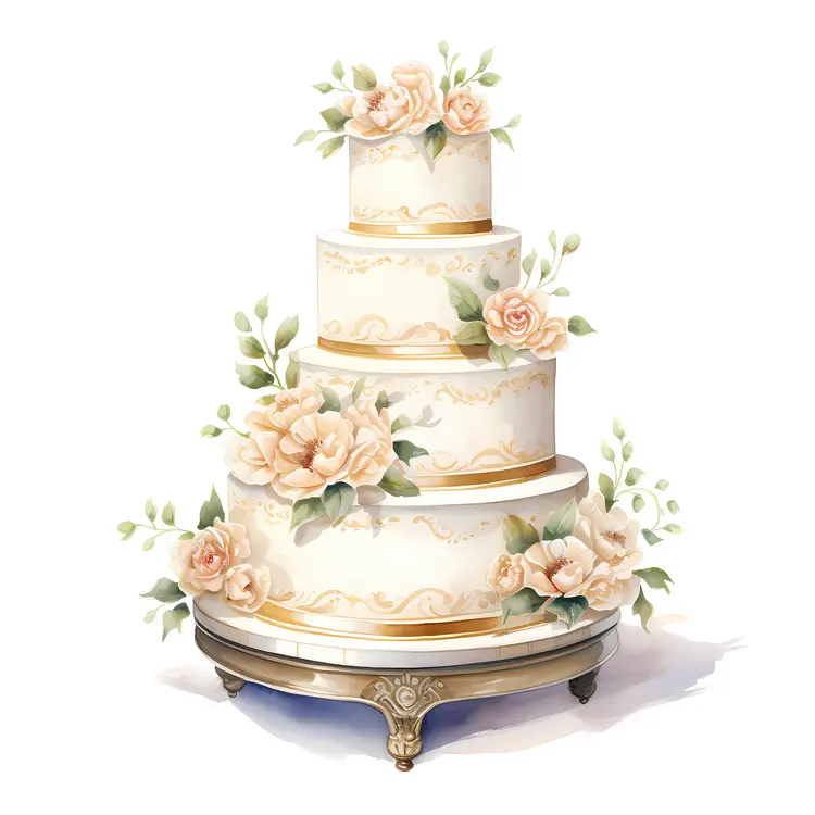 Classic Floral White and Gold Wedding Cake