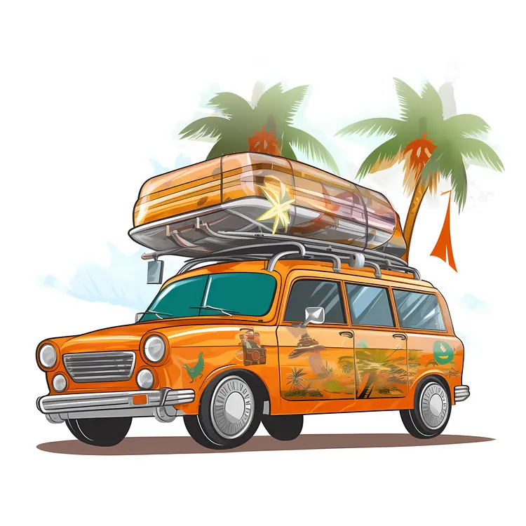 Orange Car with Luggage for Summer Vacation
