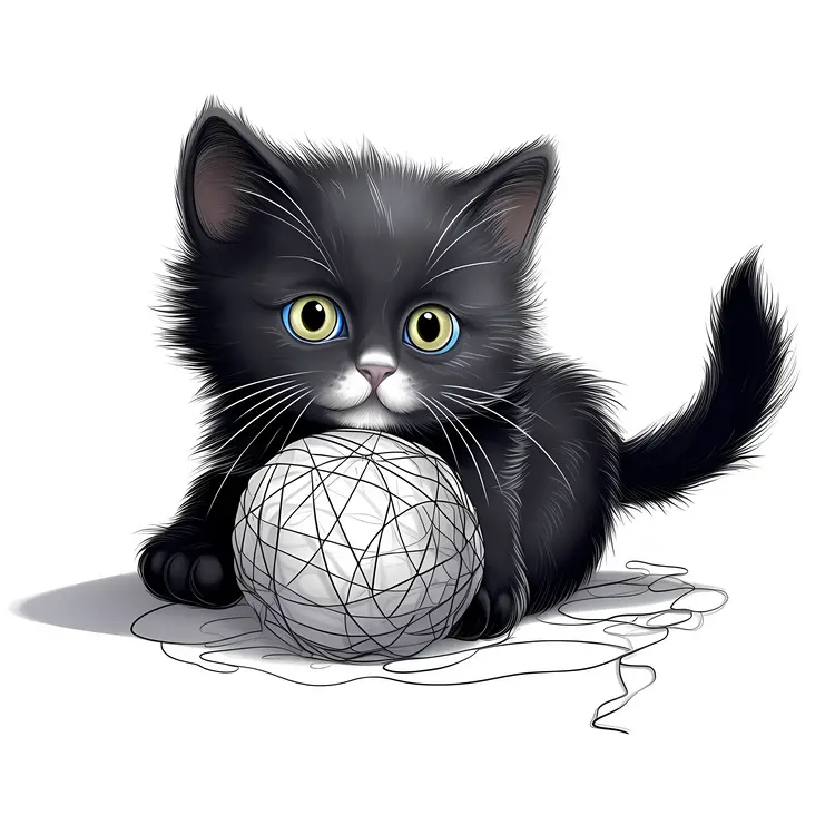 Adorable Black Kitten Playing with Yarn Ball