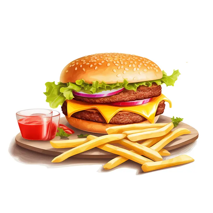 Delicious Burger with Fries and Ketchup