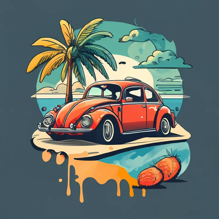 Retro Orange Car on a Beach