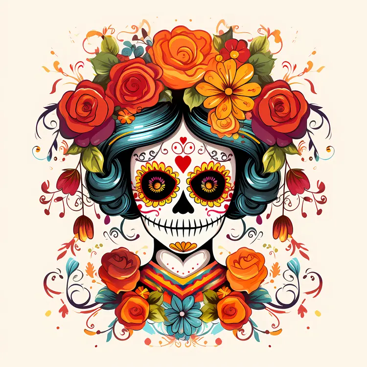 Colorful Skeleton Woman with Floral Headpiece
